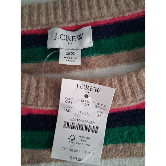 New J. Crew Sweater Wool Blend Womens 3X White Green Pink Tan Striped Soft Cozy - Picture 5 of 8
